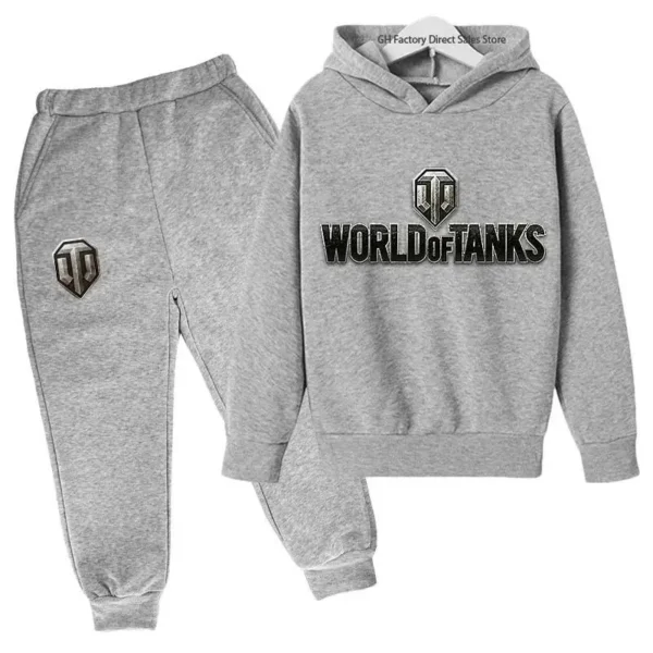Kid wearing World of Tanks gaming tracksuit set with pullover hoodie and matching joggers - suitable for boys and girls.
