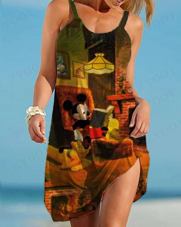 Woman wearing Disney Mickey & Minnie print ruffled summer camisole dress with A-line skirt.