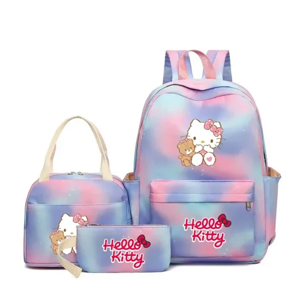 MINISO Kuromi and Cinnamoroll large capacity nylon backpack set with matching lunch bag and pencil case.