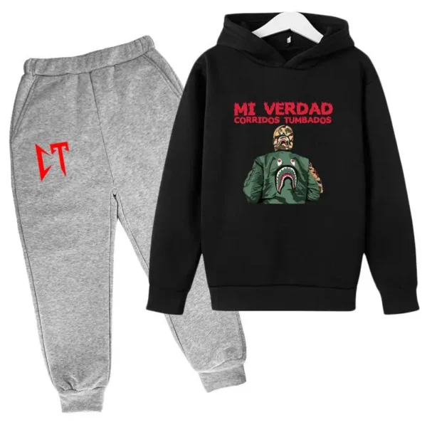 Kids unisex Corridos Tumbados print tracksuit set with pullover hoodie and pants - front view.