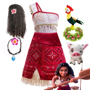 Girl in Moana inspired princess adventure dress costume for party or Halloween play.