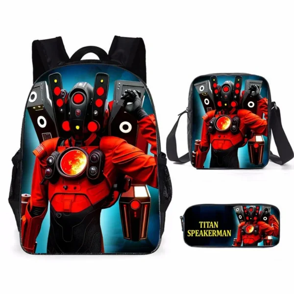 3-piece Skibidi Toilet backpack set for boys with Titan Drillman and Titan Speakerman graphics on durable polyester material.
