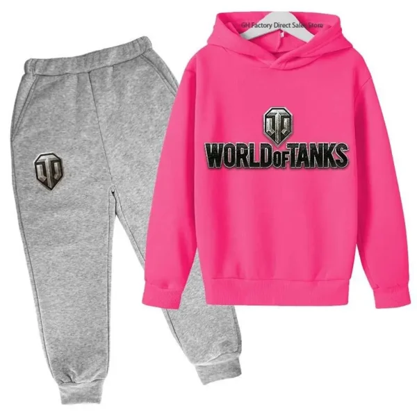Kid wearing World of Tanks gaming tracksuit set with pullover hoodie and matching joggers - suitable for boys and girls.