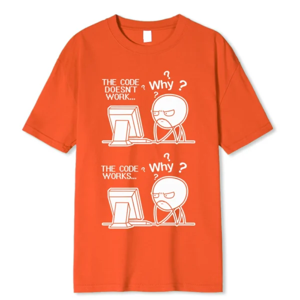Funny "Code Works Why?" programmer t-shirt.