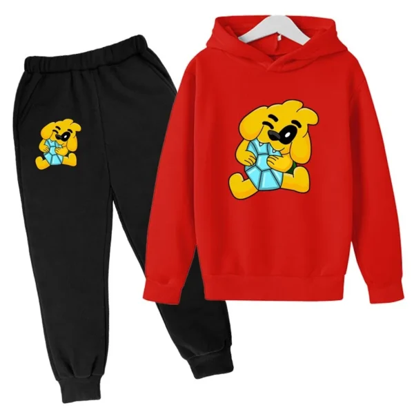 Kids tracksuit set with cute dog print on grey pullover hoodie and matching pants for boys and girls (ages 2-13).