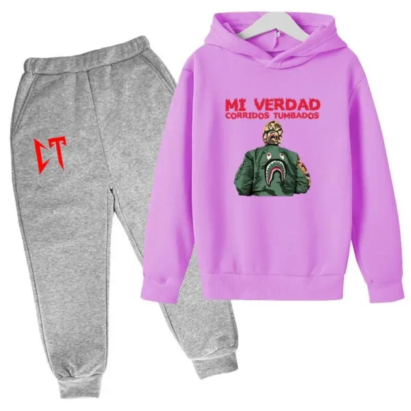Kids unisex Corridos Tumbados print tracksuit set with pullover hoodie and pants - front view.