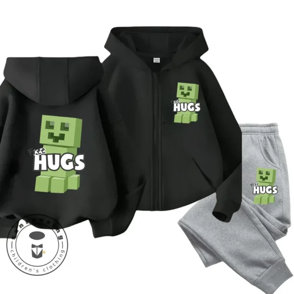 Child wearing Minecraft themed zipper hoodie and matching pants set with hood up.