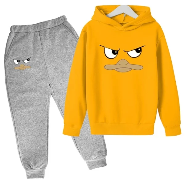 Kids unisex duck face print hoodie and pants tracksuit set for spring autumn wear ages 2-13.