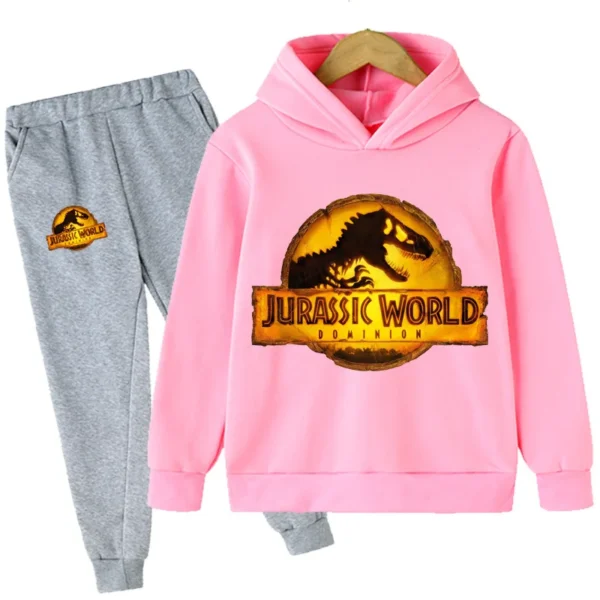 Child wearing fun dinosaur print hoodie and matching pants set - outfit for boys and girls.