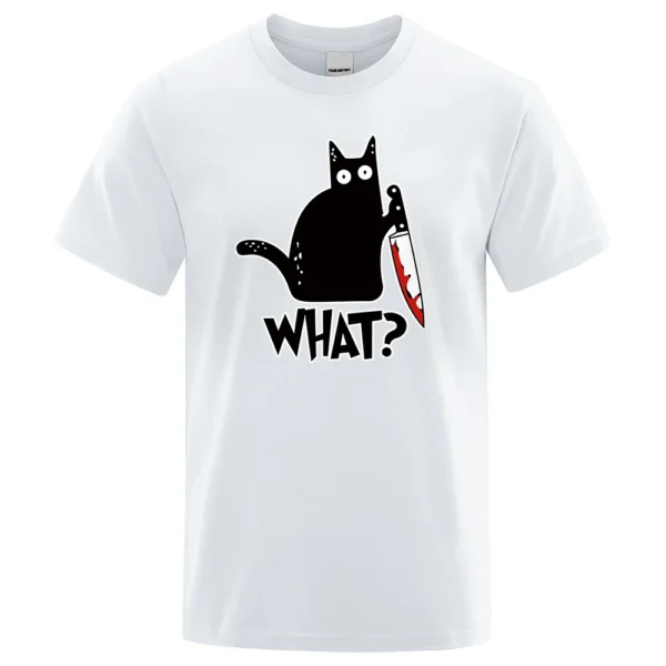 Men's black cotton t-shirt displaying a funny cartoon graphic of a white cat holding a small knife.