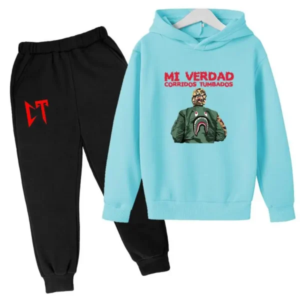 Kids unisex Corridos Tumbados print tracksuit set with pullover hoodie and pants - front view.