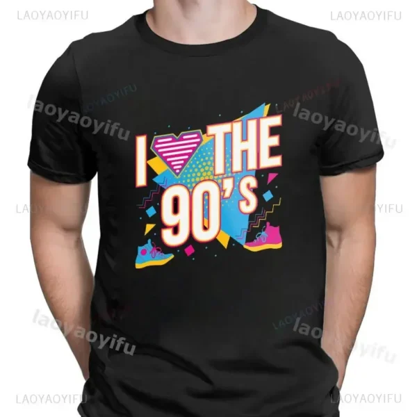 Woman wearing a white 'I Love The 90s / Take Me Back To The 90s' retro graphic tee against a plain background.
