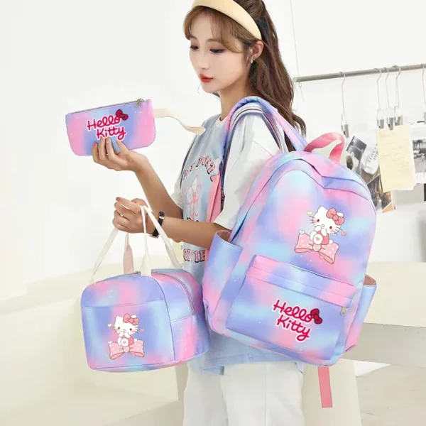 MINISO Kuromi and Cinnamoroll large capacity nylon backpack set with matching lunch bag and pencil case.