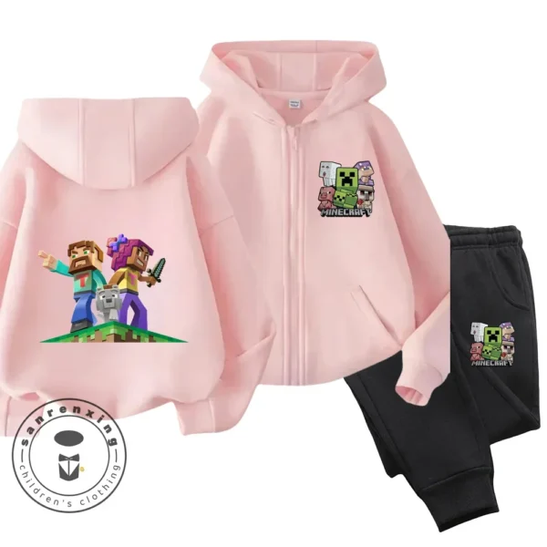 Child wearing Minecraft themed zipper hoodie and matching pants set with hood up.