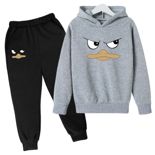 Kids unisex duck face print hoodie and pants tracksuit set for spring autumn wear ages 2-13.