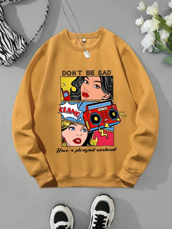 Women's casual warm fleece sweatshirt with a cartoon graphic print.