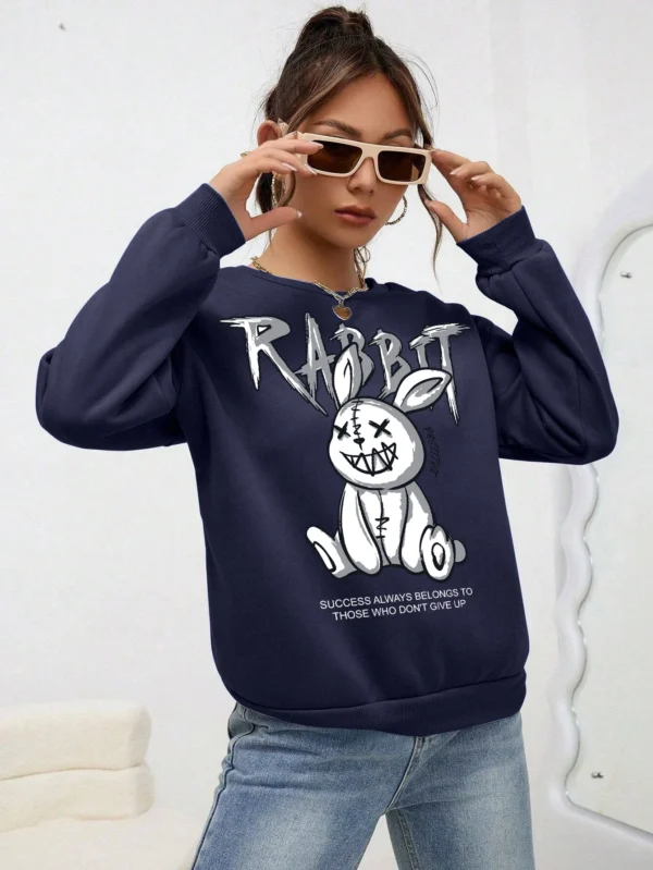 Grey fleece hoodie for women featuring a quirky white laughing rabbit print on the front