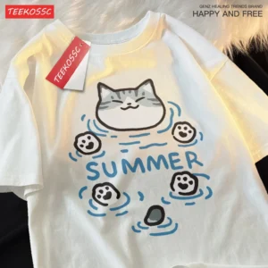 Cute Cat & Dog Chai Print T-Shirt for summer.