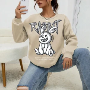 Grey fleece hoodie for women featuring a quirky white laughing rabbit print on the front