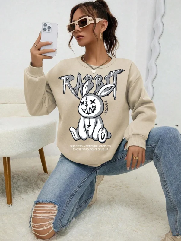 Grey fleece hoodie for women featuring a quirky white laughing rabbit print on the front