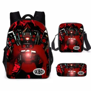3-piece Skibidi Toilet backpack set for boys with Titan Drillman and Titan Speakerman graphics on durable polyester material.