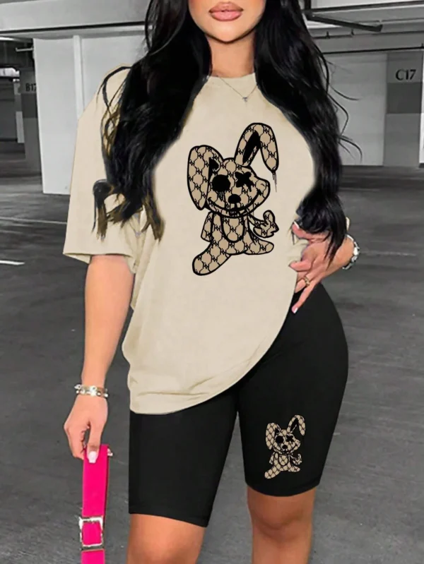 Women's cute rabbit cartoon print two-piece summer outfit.