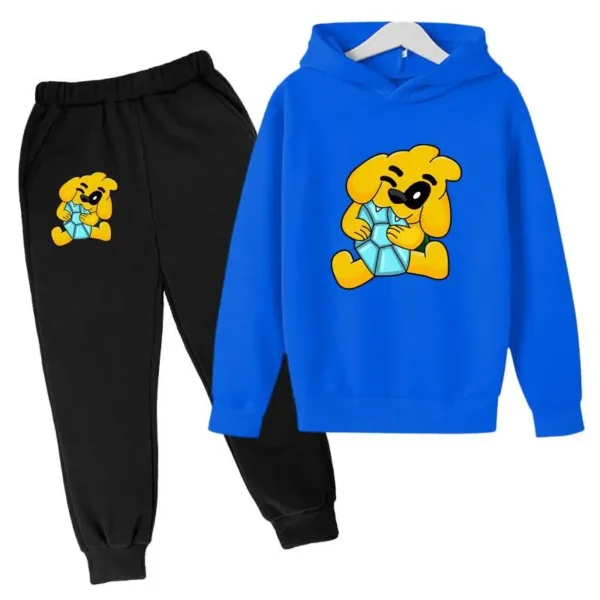 Kids tracksuit set with cute dog print on grey pullover hoodie and matching pants for boys and girls (ages 2-13).
