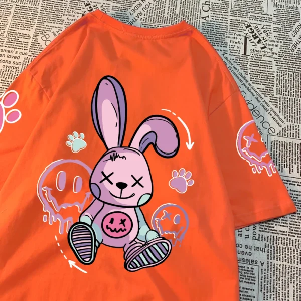 Women's casual t-shirt with a cool cartoon rabbit graphic print. Soft streetwear style tee.