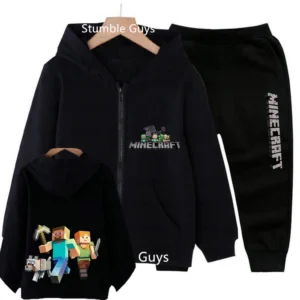 Kids cotton Minecraft pixel print zipper hoodie and matching pants set in [mention primary color if visible