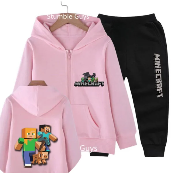 Kids cotton Minecraft pixel print zipper hoodie and matching pants set in [mention primary color if visible