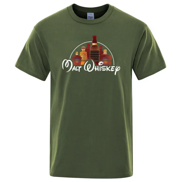 Funny Malt Whiskey graphic design printed on a men's casual short-sleeve t-shirt.