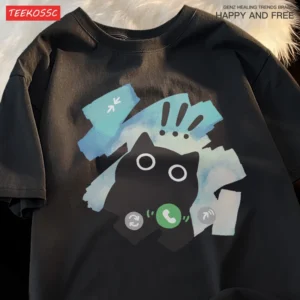 Woman wearing a cute scared cat graphic t-shirt.