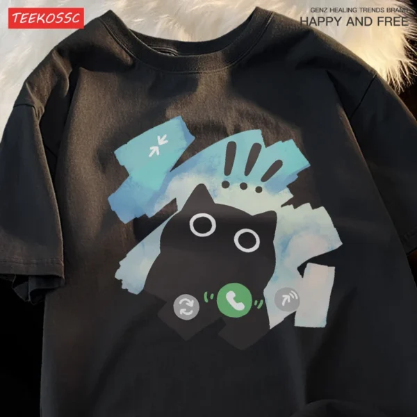 Woman wearing a cute scared cat graphic t-shirt.