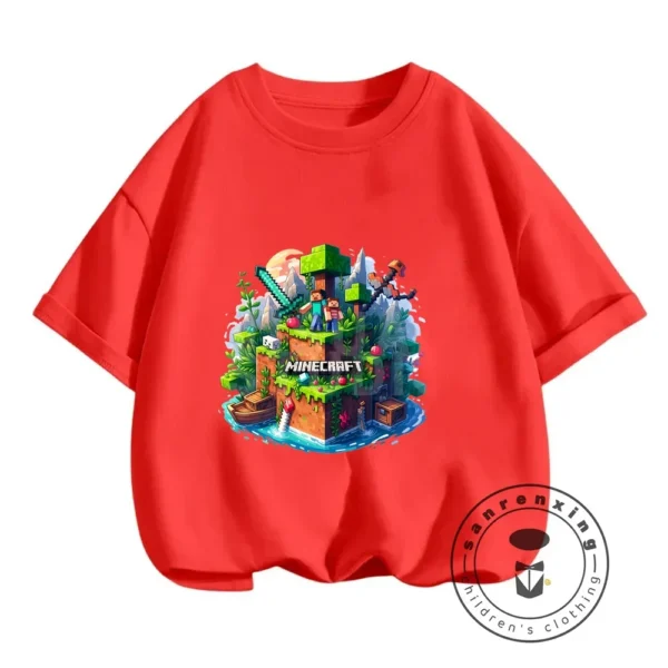 Front view of a boys short-sleeve O-neck t-shirt with a Minecraft graphic print.