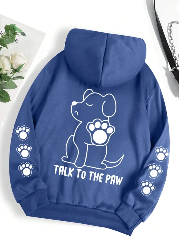 Grey pullover hoodie with warm fleece lining featuring a funny cartoon dog print that says "Talk To The Paw".