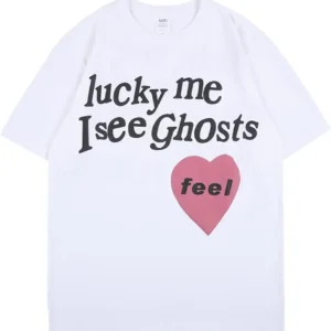 Oversized Lucky Me I See Ghosts graphic t-shirt for men. Streetwear style with crew neck and short sleeves.