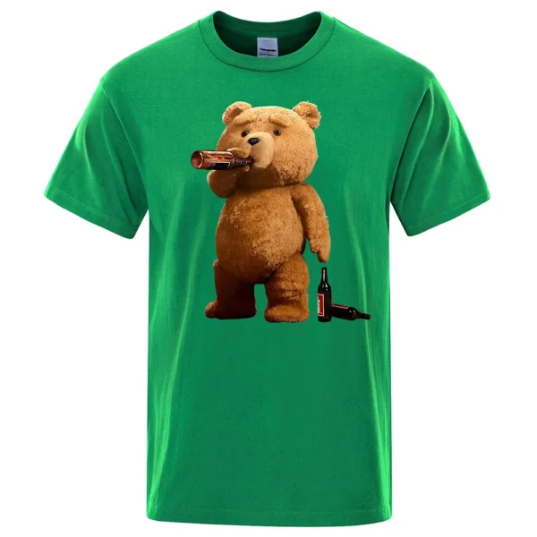 Men's grey casual t-shirt with a funny graphic print showing a cartoon teddy bear drinking a pint of beer.