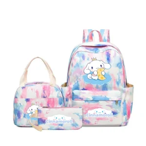 MINISO Kuromi and Cinnamoroll large capacity nylon backpack set with matching lunch bag and pencil case.