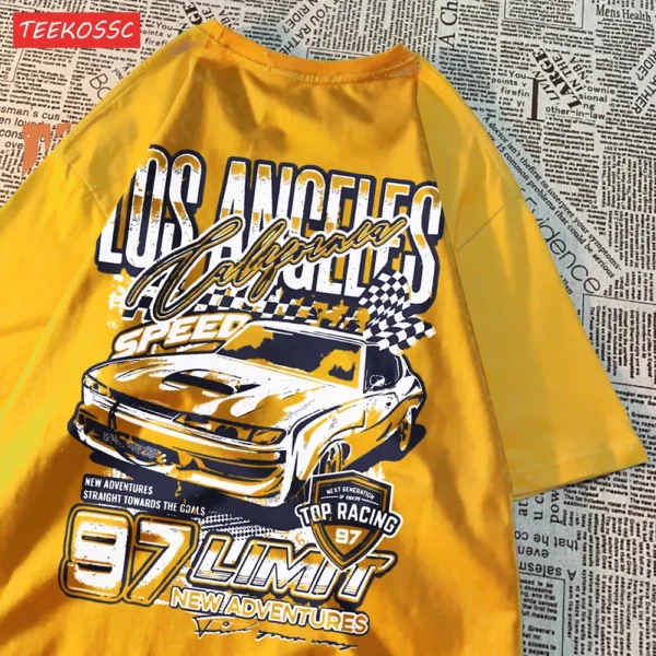 Loose fit t-shirt featuring a vibrant cartoon racing car graphic print.