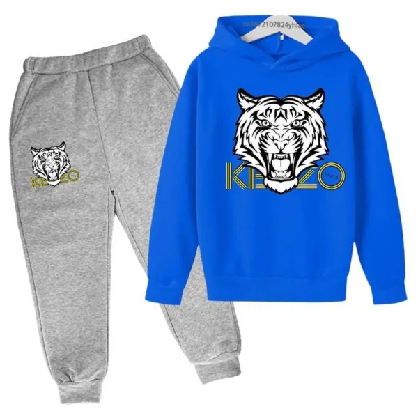 Unisex kids hoodie and pants set with bold tiger head print on the hooded sweatshirt - front view.