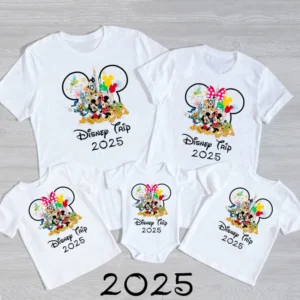 Family in matching funny Mickey and Minnie shirts designed for a 2025 Disney vacation.