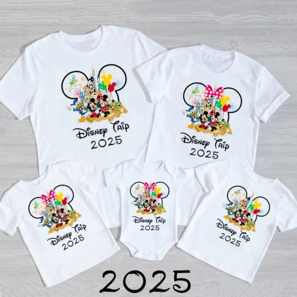 Family in matching funny Mickey and Minnie shirts designed for a 2025 Disney vacation.