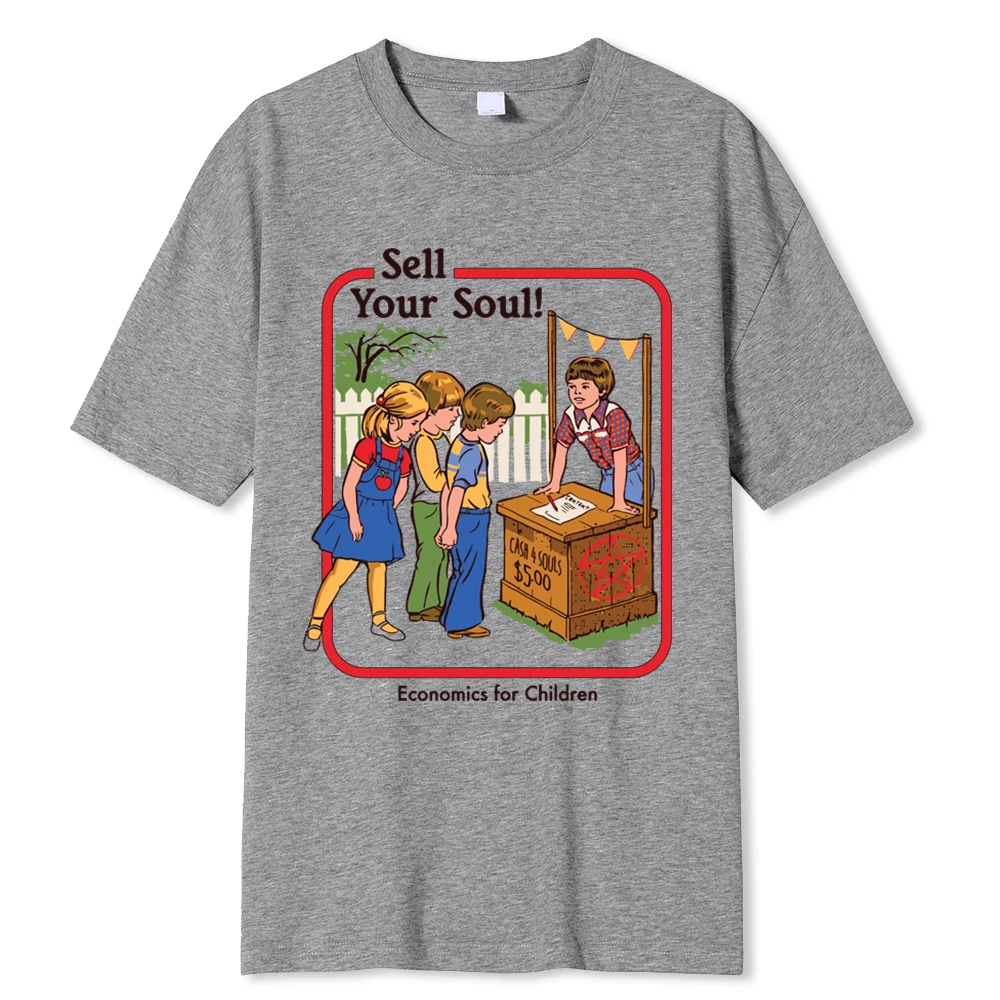 Men's horror comic "Sell Your Soul Economics" graphic t-shirt.