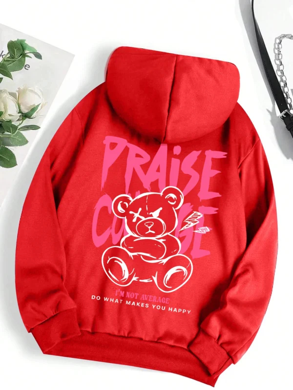 Woman wearing cute bear print fleece-lined hoodie warm autumn streetwear sweatshirt.