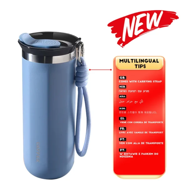 Stainless steel insulated travel mug with leakproof lid for coffee or water.
