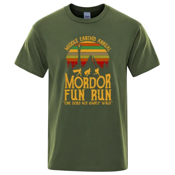 Black cotton t-shirt with white "Middle Earth's Annual Mordor Fun Run" graphic print. Funny LOTR parody design