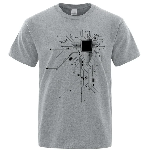 Men's cotton t-shirt featuring a detailed white CPU processor circuit diagram graphic on a dark background.