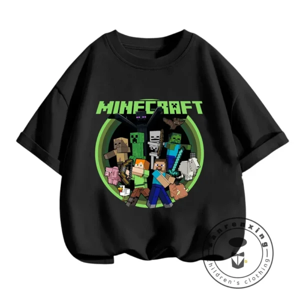 Front view of a boys short-sleeve O-neck t-shirt with a Minecraft graphic print.