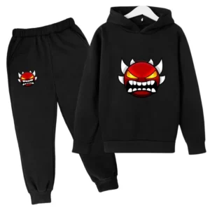 Kids cartoon geometric print pullover hoodie and matching pants tracksuit set for boys and girls.