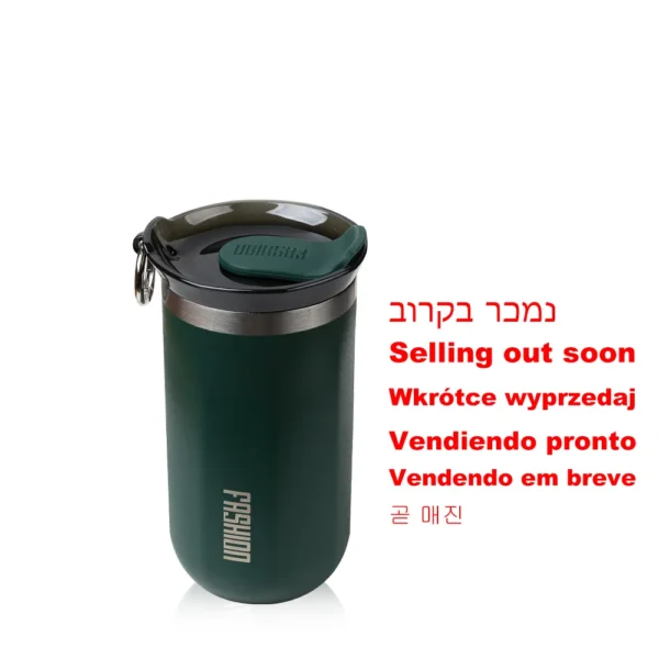 Stainless steel insulated travel mug with leakproof lid for coffee or water.